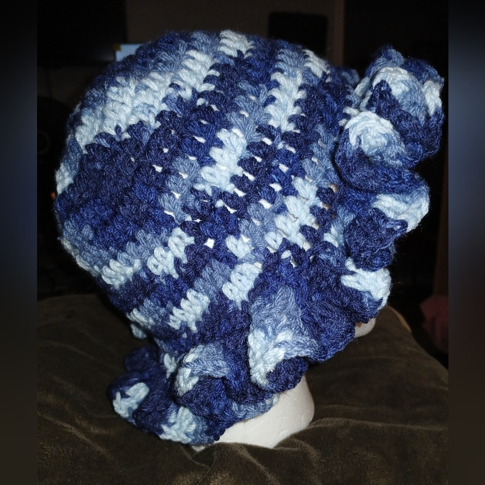 NWT Handcrafted Multi-Colored Blue and White Child Size Crochet Ruffle Hat.
